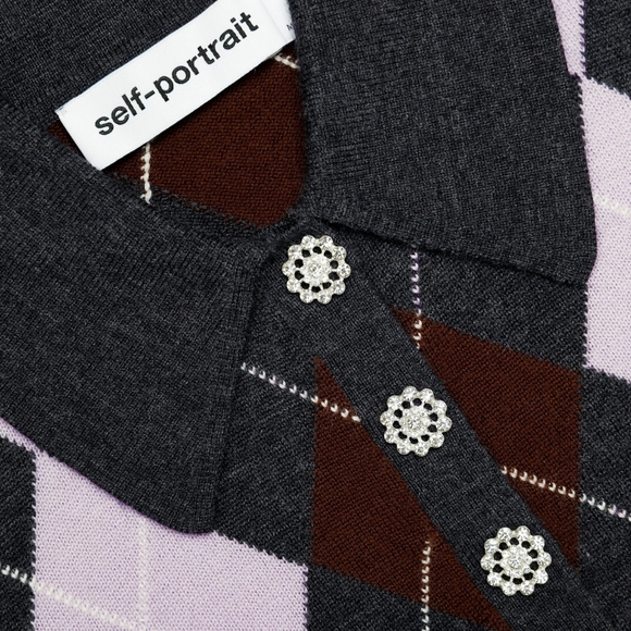 Self-Portrait Grey Argyle Lightweight Jumper - Picture 6 of 11